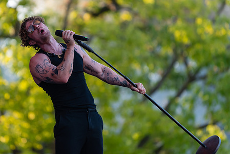 British singer and songwriter Tom Grennan performs live on stage during the last day of open-air summer music festival Metronome Prague 2024.