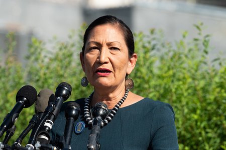 U.S. Representative Deb Haaland (D-NM) speaks at a press conference during the introduction of the Zero Waste Act in Congress at the Capitol in Washington, DC.