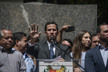 Venezuela opposition leader Juan Guaido, who was sworn in the past january 23rd, 2019 as interim president of Venezuela, talks during a press conference at Bolivar Square in Caracas. He answer several questions from local and international media and also announced an action plan for the coming days.