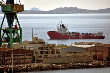The rescue vessel Ocean Viking, of SOS Mediterranee and Medecins Sans Frontieres arrives at the port of Marseille for an indefinite stopover until the end of the covid-19 pandemic.