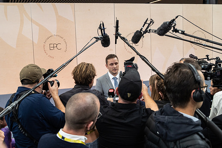 Chairman of the Naalakkersuisut Jens-Frederik Nielsen speaks to the media during the European Political Community (EPC). Denmark is hosting the seventh meeting of the European Political Community (EPC). The meeting serves as a platform for informal political and strategic dialogue, bringing together European heads of state or government alongside leaders of key European and international institutions. The goal of the meeting is to promote political dialogue and cooperation, and to strengthen security, stability, and prosperity on the European continent.