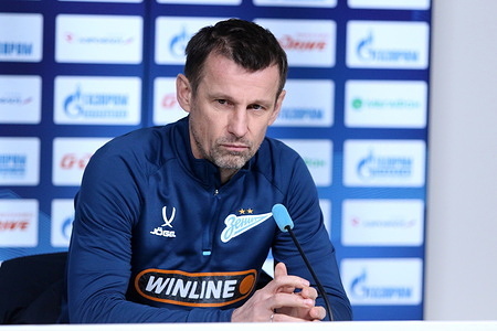 Sergei Semak, head coach of the Zenit football club seen during a press conference at the Zenit FC training base in Saint Petersburg before the Zenit Saint Petersburg - Akron Tolyatti football match, Russian Premier League, which will be held in Saint-Petersburg, Gazprom Arena.
