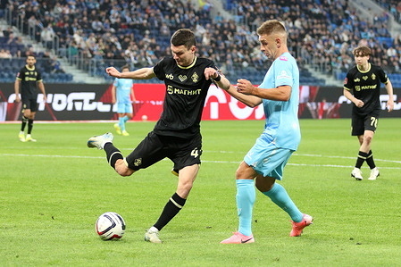 Nikita Glushkov (47) of Dynamo, and Yuri Gorshkov (4) of Zenit seen in action during the 1/2 finals, Stage 1 (The Path of Regions) of the Russian Cup football match between Zenit Saint Petersburg and Dynamo Makhachkala at Gazprom Arena. Final score; Zenit 1:0 Dynamo.