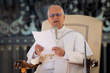 Pope Leo XIV delivers his speech during his traditional Wednesday General Audience in St. Peter's Square in Vatican City.
