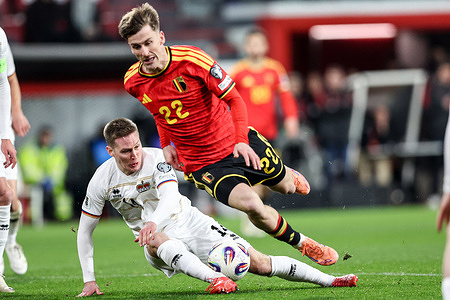 Alexis Saelemaekers of Belgium (R) seen in action during European World Cup Qualifiers 2026 football match between Belgium and Liechtenstein at Stade Maurice Dufrasne (Liege). Final score Belgium 7 : 0 Liechtenstein.