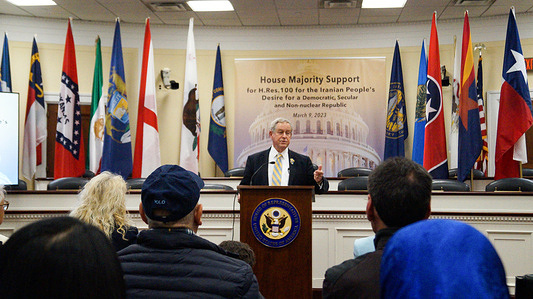 Rep. Joe Wilson (center) emphasized that the conflict between democracies and authoritarians with the rule of the gun is a worldwide situation. Several bipartisan members of the U.S. House of Representatives presented Resolution H.Res.100 in a conference. Sponsored by a bipartisan majority of 225 members, the resolution calls for a new approach to Iran policy in light of ongoing protests and repression by the regime. H.Res.100 also supports Mrs. Maryam Rajavi's ten-point plan for the future of Iran.