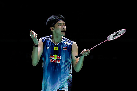 Panitchaphon Teeraratsakul of Thailand celebrates after victory against Christo Popov of France (not pictured) during the Men's Singles Semi-Final match of the Perodua Malaysia Masters 2026 at Unifi Arena. Panitchaphon Teeraratsakul won with the final scores 21-13, 21-13.