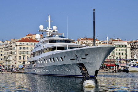 View of the Axioma super yacht docked in Marseille. The Axioma superyacht linked to a Russian billionaire is to be auctioned off in Gibraltar. Authorized to enter the waters of Gibraltar, it had been seized by the authorities in March 2022.