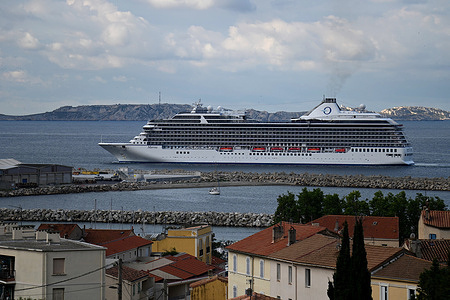 The passenger cruise ship Oceania Marina arrives at the French Mediterranean port of Marseille.