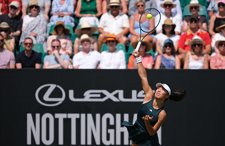 Mimi Xu seen in action with Magda Linette (not in view) during the match at the Lexus Nottingham Tennis Open.
Magda Linette defeated Mimi Xu with a score of 7-5, 6-1 at the Lexus Nottingham Tennis Open.