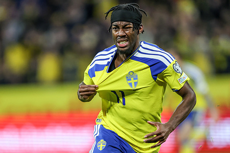 Anthony Elanga of Sweden seen celebrates after scoring a goal during European World Cup play-offs 2026 football match between Sweden and Poland at Strawberry Arena (Solna). Final score; Sweden 3:2 Poland.