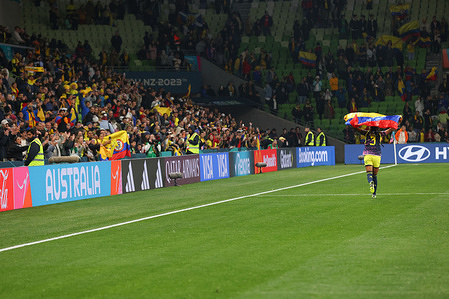 Daniela Arias of Colombia celebrates after the FIFA Women's World Cup Australia & New Zealand 2023 Round of 16 match between Colombia and Jamaica at Melbourne Rectangular Stadium. Columbia won the match 1-0.
