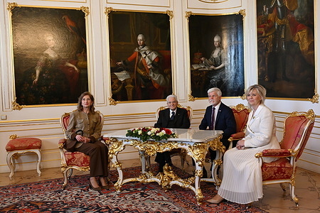 From left to right, first lady of Italy Laura Mattarella, Italian President Sergio Mattarella, Czech President Petr Pavel and wife of Czech president Eva Pavlova seen before their meeting at Prague Castle. President of Italy Sergio Mattarella and his daughter serving as first lady Laura Mattarella, visited the Czech Republic and met with the Czech president Petr Pavel and his wife Eva Pavlova.