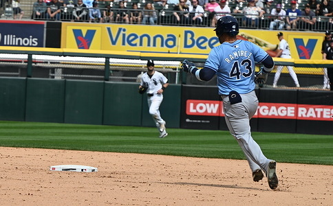 Harold Ramirez #43, designated hitter and outfielder for the Tampa Bay Rays seen in action on the field during a Major League Baseball matchup against the Chicago White Sox. Chicago White Sox won, Sunday afternoon giving them their first three-game sweep of the 2024 season by virtue of a 4-2 victory over the Tampa Bay Rays at Guaranteed Rate Field. Final score; Tampa Bay Rays 2 : 4 Chicago White Sox.