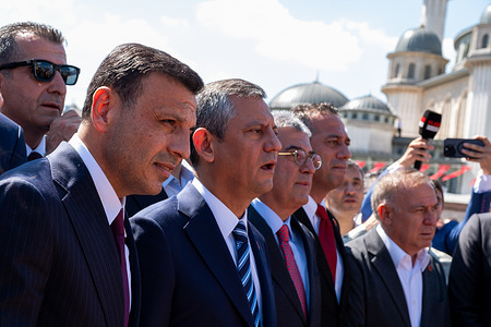 Chairman Özgür Çelik (L) and Chairman Özgür Özel (2nd left) side by side during the event. A wreath-laying ceremony was held at Taksim Square to mark the 102nd anniversary of the founding of the Republican People's Party (CHP). CHP Chairman Ozgur Ozel, former Istanbul Provincial CHP members, and citizens attended, showing strong interest in the event. Chairman Ozgur Celik, who was recently replaced by a trustee, also stood alongside Ozel during the ceremony.