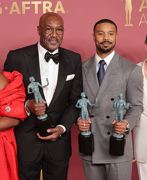 Delroy Lindo and Michael B. Jordan win for 'Outstanding Performance by a Cast in a Motion Picture' for 'Sinners' at the 32nd Annual Actor Awards at the Shrine Auditorium.