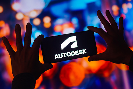 In this photo illustration, the Autodesk logo is displayed on a smartphone screen.