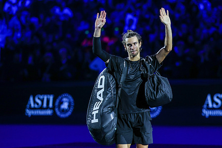 Lorenzo Musetti of Italy waves to the fans during Men's Singles Group Stage match against Carlos Alcaraz of Spain on day five of the Nitto ATP Finals 2025 at Inalpi Arena. Final score ALCARAZ Vs MUSETTI 6 - 4 | 6 - 1