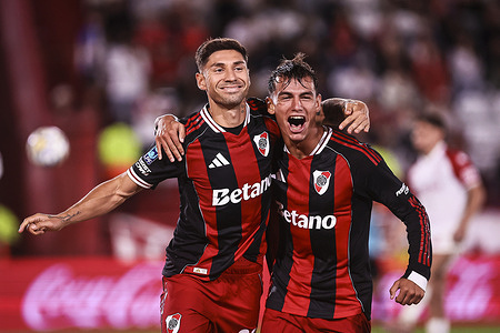 Gonzalo Montiel of River Plate celebrates with teammate Joaquin Freitas after scoring a second goal during a Torneo Apertura Mercado Libre 2026 match between Huracan and River Plate at Estadio Tomas Adolfo Duco. Final score: Huracan 1:2 River Plate