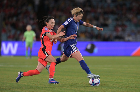 Yuzuki Yamamoto (L) of Japan women football team and Choi Yoo-Jung (R) of Korea Republic women football team seen in action during the AFC 2026 Women's Asian Cup Semi Finals match between Korea Republic and Japan at the Stadium Australia. Final score; Korea Republic 1: 4 Japan.