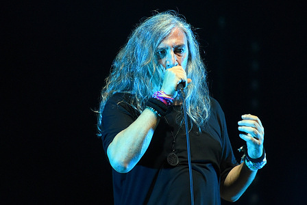 The Catalan rock singer Gerad Quintana, performs live on stage during the event. The Catalan group Sopa de Cabra performs at the Jardins de Terramar in Sitges Barcelona. Sopa de Cabra is a rock group that sings in Catalan led by the singer Gerad Quintana and was formed in Girona in 1986.