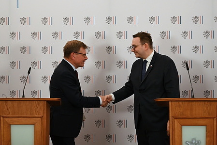 German foreign minister Johann Wadephul (L) and foreign minister Jan Lipavsky (R) shake hands during a joint press conference. Minister of Foreign Affairs of Germany Johann Wadephul visited and met with the Czech foreign minister Jan Lipavsky.