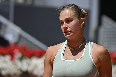 Aryna Sabalenka of Belarus against Naomi Osaka of Japan during their Women's Singles match on Day Eight of the Mutua Madrid Open at La Caja Magica