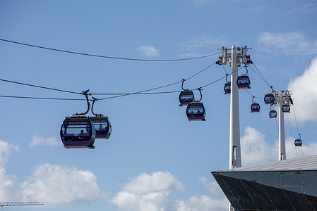 Cabins transport fellow passengers from the Royal Docks to O2 London. The London Cable Car Experience (officially the IFS Cloud Cable Car) is an aerial transit and leisure attraction that carries passengers in gondolas 90 meters (300 feet) above the River Thames. It connects the Greenwich Peninsula (near The O2) and the Royal Docks (near ExCeL London) in East London. It offers a panoramic view to the Thames Barrier, London Skyline and the Canary Wharf.