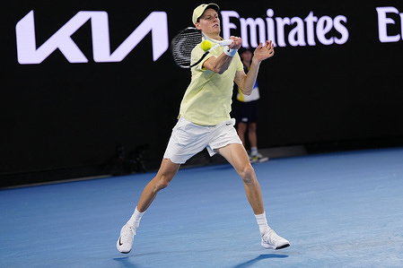 Jannik Sinner of Italy in action against Alexander Zverev of Germany in Men's Singles Finals (Not seen) during the 2025 Australian Open at Melbourne Park.