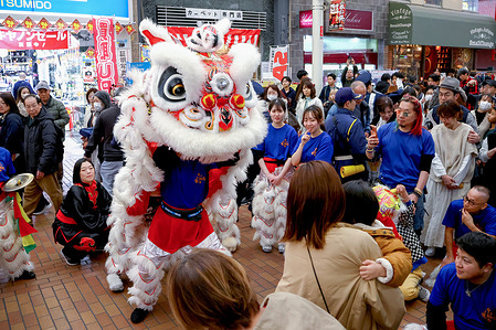 Crowds gather at Kobe's Chinatown, Nankinmachi, as the annual Lunar New Year festival opens, with the troupe "Ryushidan" performing vibrant dragon and lion dances.