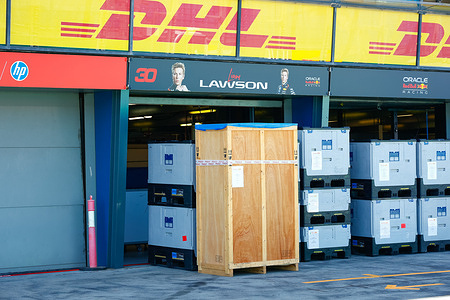 The garage of Liam Lawson of New Zealand and the Oracle Red Bull Racing Team is pictured as track preparations are underway at the Albert Park Grand Prix Circuit for the 2025 Australian Formula One Grand Prix, taking place from March 13 to March 16.