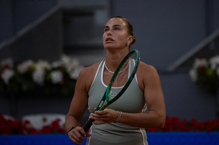 Aryna Sabalenka of Belarus seen in action during the Mutua Madrid Open tennis tournament, playing against Jaqueline Cristian of Romania (Not in picture). Victory of Aryna Sabalenka, 6-1, 6-4.