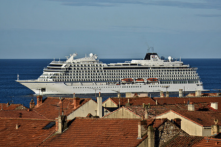 View of the passenger cruise ship Viking Mars as it arrives at the French Mediterranean port.