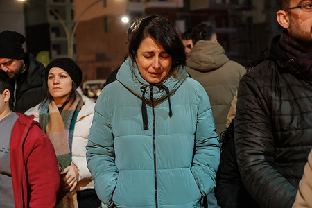 A woman seen crying during the memorial service. On the third anniversary of the February 6 2023 earthquakes that struck southeastern Turkey and northern Syria, a memorial ceremony was held in the city which suffered the most severe damage during the earthquake.