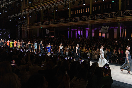 Models showcase designs by Carla Zampatti, Michael Lo Sordo, Jason Grech, Martin Grant, Oroton, Rachel Gilbert, ASIYAM, and Mastani during the Melbourne Fashion Festival on International Women's Day at the Royal Exhibition building in Melbourne. The Melbourne Fashion Festival Power Runway celebrates the power of design with a standout lineup of exceptional talent, including Carla Zampatti, Michael Lo Sordo, Jason Grech, Martin Grant, Oroton, Rachel Gilbert, ASIYAM, and Mastani.