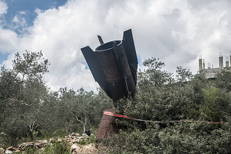 General view of a missile fragment. A huge fragment of the Iranian ballistic missile landed in the rural area, central Israel, without causing any damages.
