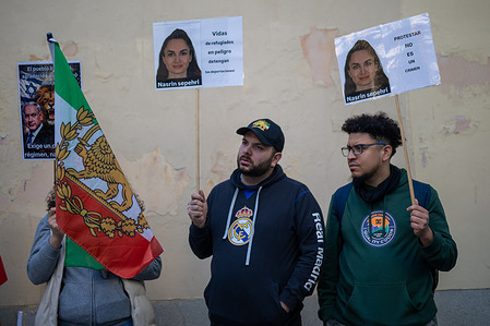 Iranian protesters carry placards with the image of Iranian activist Nasrin Sepehri, a resident of Turkey, during a demonstration. Iranian residents in Madrid gathered in front of the Turkish embassy under the slogan: "No to the deportation of Iranians. No to collaboration with the Islamic Republic," which, according to the protesters, the Turkish government is currently carrying out against Iranian citizens crossing the border fleeing repression, violence, and insecurity following a series of protests and political tensions in their country.