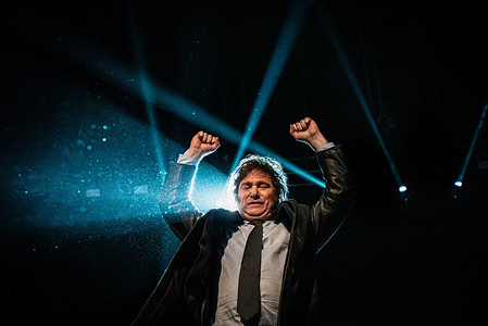 Presidential candidate of the Liberty Advances coalition Javier Milei waves to supporters during a campaign rally. Argentine presidential candidate Javier Milei, who is running as part of the Liberty Advances coalition, conducted a closing rally to conclude his electoral campaign in preparation for the presidential election on October 22, 2023.