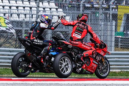 (L-R) Toprak Razgatlioglu of Rokit BMW Motorrad WorldSBK Team with BMW M 1000 RR and Nicolo Bulega of Aruba.it Racing - Ducati with Ducati Panigale V4R seen during FIM SBK Superbike World Championship Acerbis Italian Round - Race 1 at Cremona Circuit.