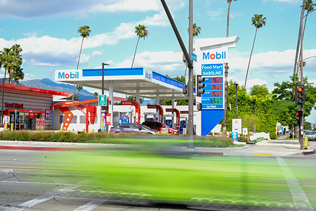 Premium gasoline prices above $6 per gallon and diesel fuel prices above $7 per gallon are displayed at a gas station in Pasadena, as global energy markets face continued pressure tied to conflict in the Middle East and tightening oil supply.