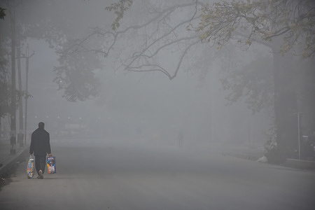 A man walks along a road during a cold and foggy morning in Srinagar.