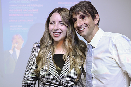 Giovanni Donzelli (R) poses for a photo with a guest during the event. Giovanni Donzelli, manager of the far right and national-conservative party Fratelli d’Italia (Brothers of Italy), attended a political rally in Lido quarter of Catanzaro ahead of the European Elections (8-9 June 2024) with regional candidates.