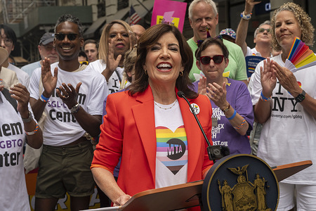 New York Governor Kathy Hochul speaks to members of the media before the annual New York City Pride Parade on June 30, 2024 in New York City.