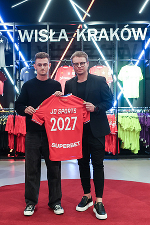 Karol Kisielewski of JD (L) and Jaroslaw Krolewski of Wisla Krakow(R) seen during a press conference Wisly Krakow (presentation of the new JD sponsor) at Synerise Arena.