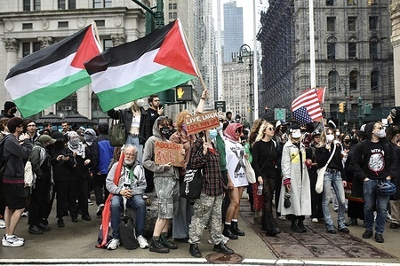Protesters wave flags and carry placards expressing their opinions during a demonstration against Trump's immigration crackdown on Federal Plaza. Dozens of protesters gathered to protest against Trump's immigration crackdown and the United States' support for Israel. This event took place alongside the No Kings Day protests, which were held in several cities across the United States.