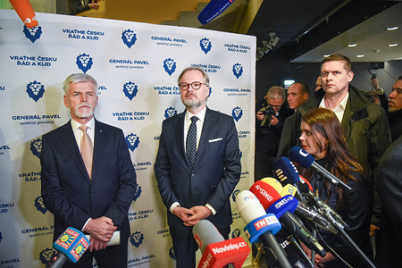 Winner of Czech presidential elections Petr Pavel (L) and Czech prime minister Petr Fiala speak to the media at his campaign headquarter in Prague. Petr Pavel won the presidential elections, outpacing former Czech prime minister, chairman of political movement ANO and billionaire Andrej Babis.
