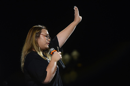 Panusaya “Rung” Sithijirawattanakul makes a three-finger salute while speaking to supporters during the demonstration.
Anti-government protesters and students attend a rally of the United Front of Thammasat and Demonstration group. The leaders give information to supporters before a huge protest by their group due on Saturday 19 September 2020.