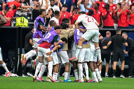 Morocco men football team celebrate during the FIFA World Cup 2026 Round of 16 match between Canada and Morocco at the Houston Stadium. Final score; Canada 0:3 Morocco.