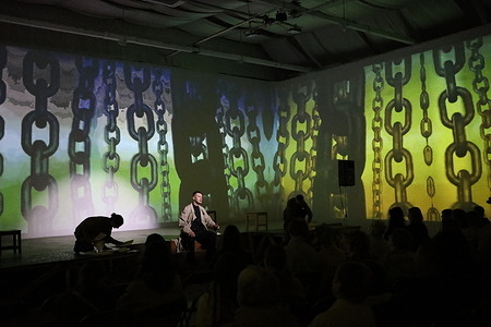 Spectators watch actors from the V. Vasilko Odessa Academic Music and Drama Theater perform "Secrets" at The Vera Kholodnaya Art Center. The Vera Kholodnaya Art Center hosted the theatrical performance "Secrets." Actors and actresses from the Ukrainian theater, the V. Vasylko Odessa Academic Music and Drama Theater, presented the love story and life of Nina Strokata and Svyatoslav Karavansky. Both were members of the dissident movement in the USSR and co-founders of leading human rights activists in Odessa during the Soviet period. At the end of 2025, streets in Odessa were renamed in their honor as part of the declonization and fight against the Soviet legacy.