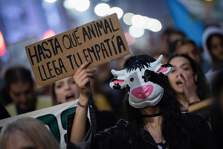 A woman wearing a cow mask holds a placard asking for empathy during the demonstration. On the occasion of World Veganism Day, environmental groups held a demonstration in Argentina, against animal abuse, trade agreements and against the consumption of meat.